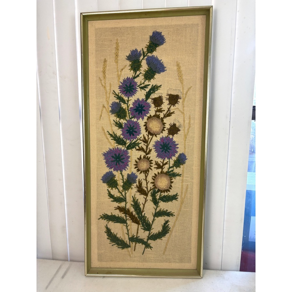 Vintage 1970s Crewel Embroidery Thistle Wildflower Framed Wall Art 36"